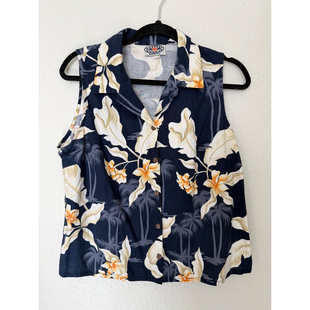 Pacific Legend Hawaiian Shirt Womens Large Blue Floral 100% Cotton Sleeveless L